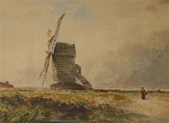 Circle of David Cox Figure passing a windmill 21 x 30cm